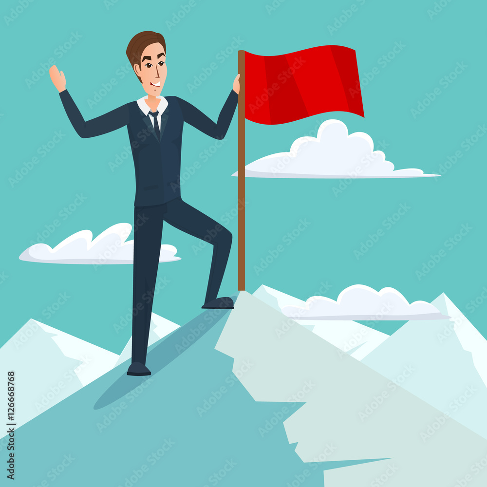 Businessman with flag on Mountain peak, success and mission, target victory motivation, winner on top. Business cartoon concept. Vector creative color illustrations flat design in flat modern style.