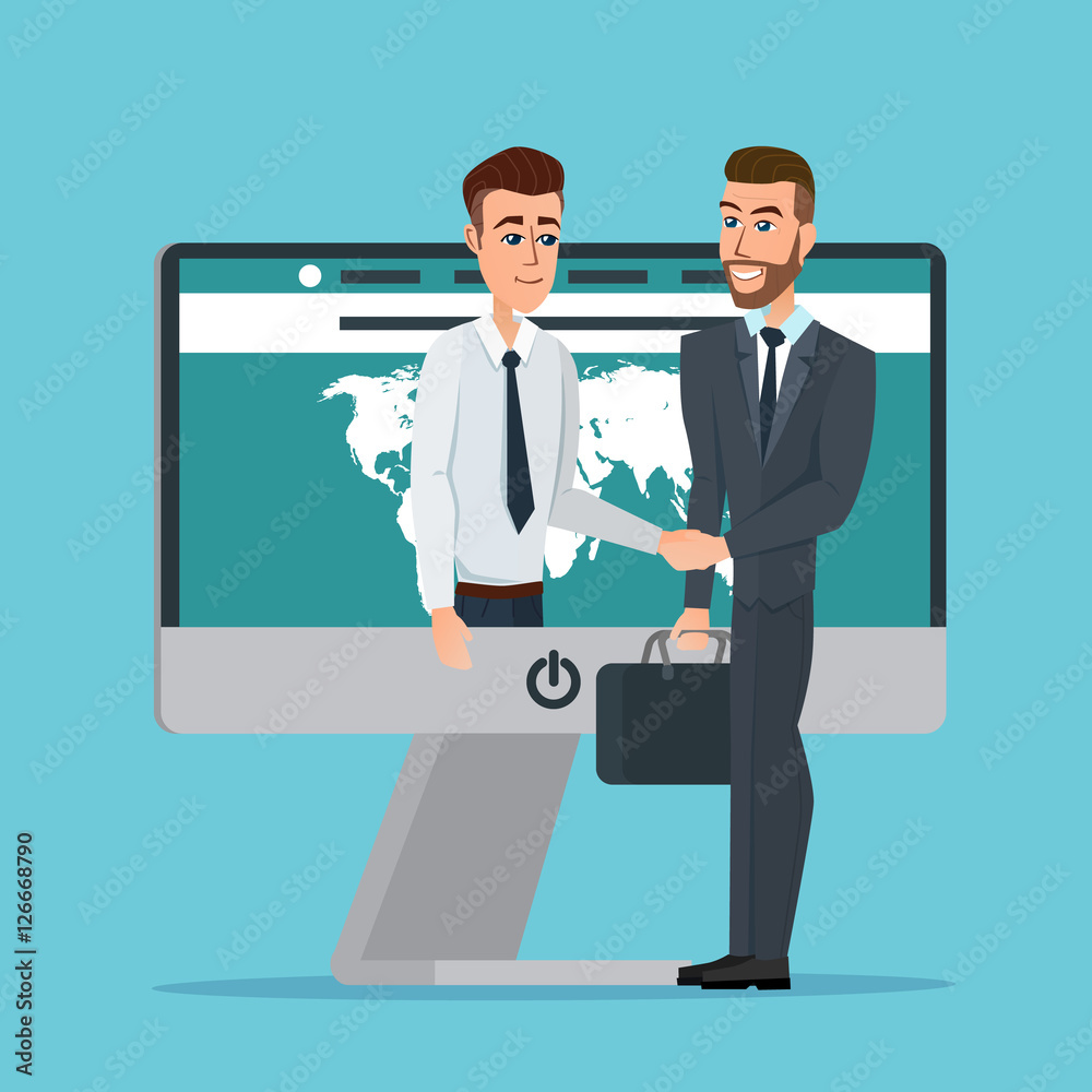 Business dealing. Handshake business through the screen. Businessmen negotiation. Telecommunication. Business cartoon concept. Vector creative color illustrations flat design in flat modern style. Business dealing. Handshake business through the screen. Businessmen negotiation. Telecommunication. Business cartoon concept. Vector creative color illustrations flat design in flat modern style.