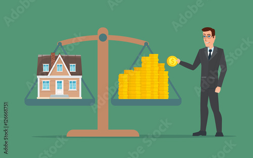 Businessman holding house on money, man collects money for a house and weighs in the balance. Business cartoon concept. Vector creative color illustrations flat design in flat modern style.