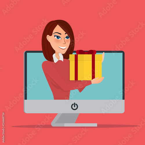 Internet Marketing. Beautiful woman gives a gift peering monitor. Business cartoon concept. Vector creative color illustrations flat design in flat modern style.