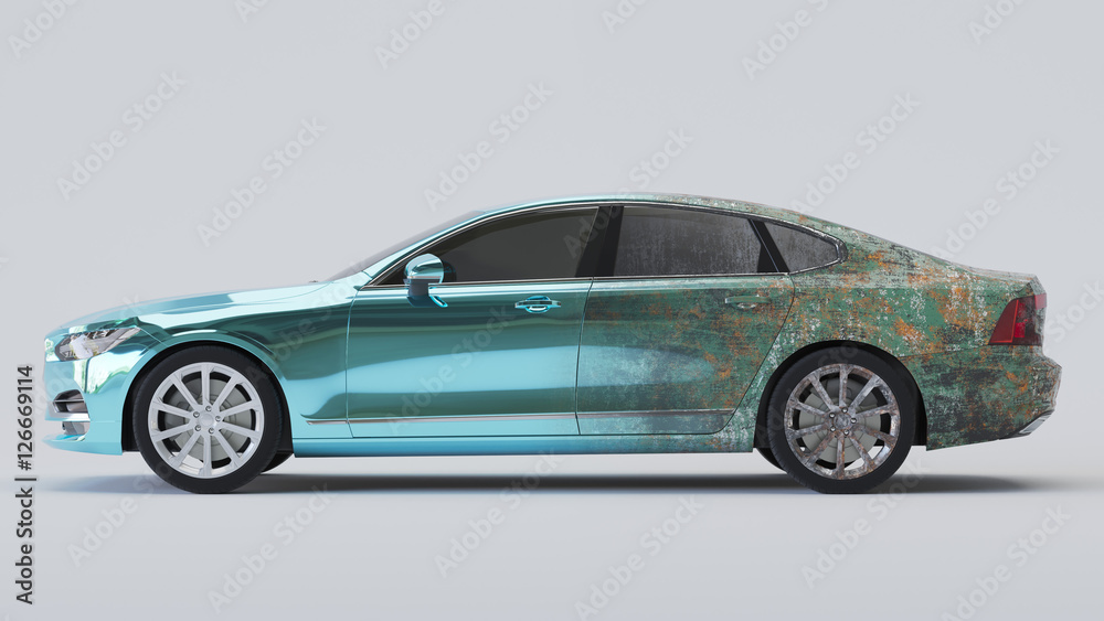 Car half aged dirty and  wrapped in blue chrome. 3d rendering