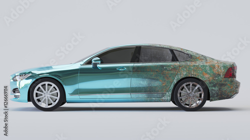 Car half aged dirty and  wrapped in blue chrome. 3d rendering photo
