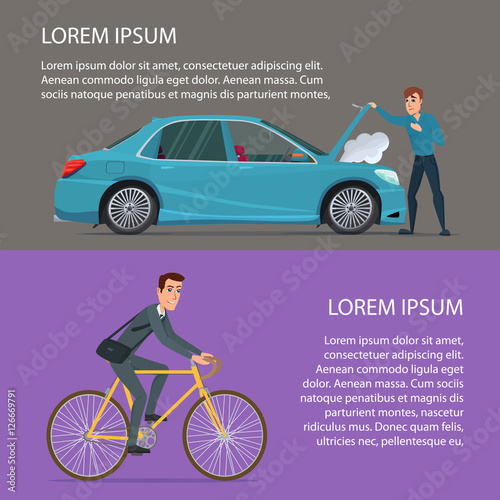 Car crash, buying a bike. Cartoon poster vector illustration. Banners for your web design in business style. Template for your text. Business characters set.