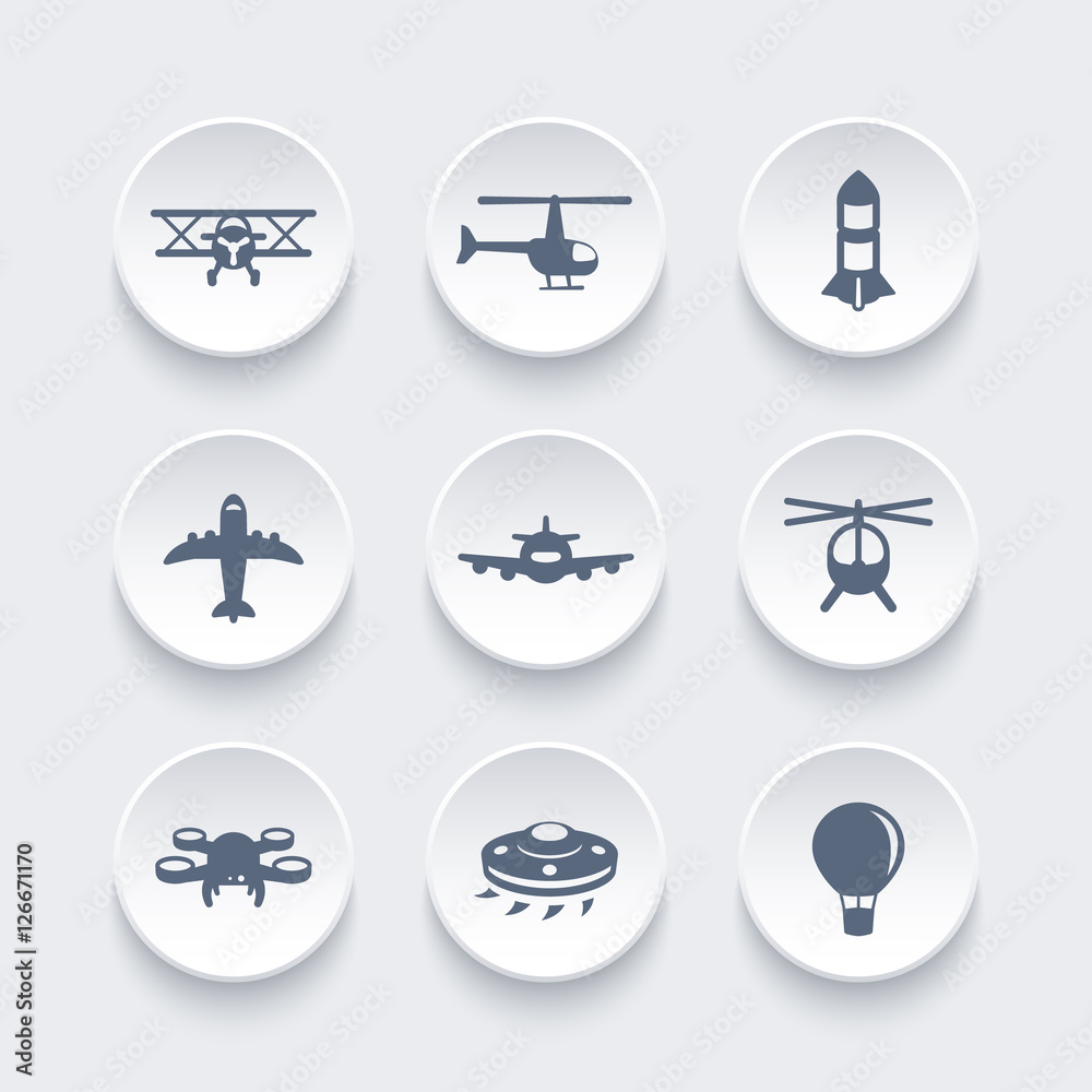 Aircrafts icons set, airplane, aviation, air transport, helicopter, drone, biplane, alien spaceship, air balloon, vector illustration
