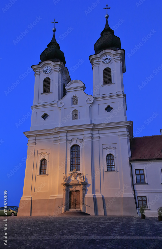 The Abbey of Tihany viewed from the I. Andras Square, Hungary