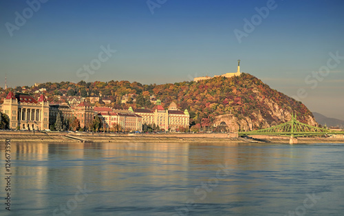 The Gellert Hill (Hungarian: Gellért hegy) and the Danube river (Hungarian: Duna)  in Budapest at autumn. 