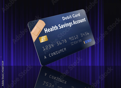 This is a safe to publish generic version of a Health Savings Account Debit Card. This is a photo illustration combining photographs with artwork and is free of copyright. 