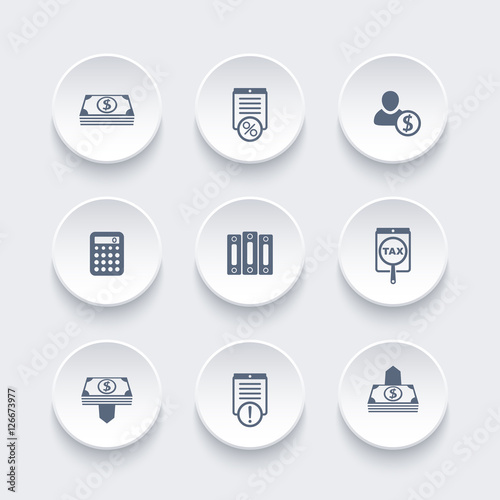 Bookkeeping, finance, payroll icons set, money, payments, accounting