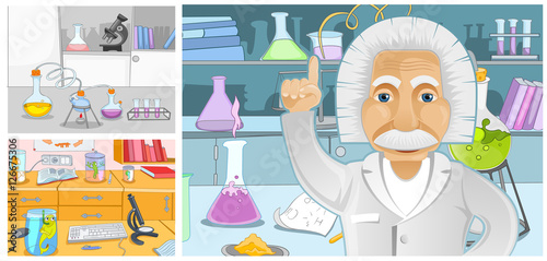 Cartoon set of backgrounds of chemical laboratory.