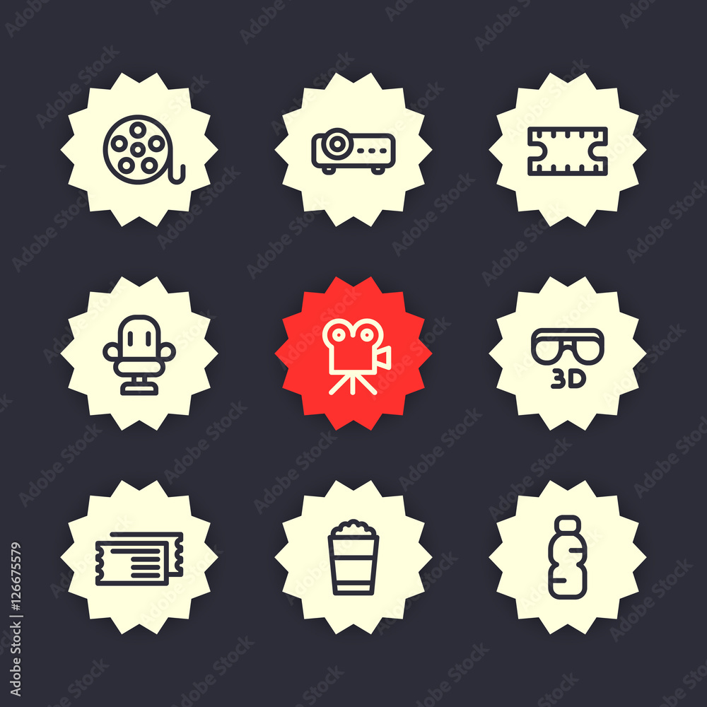 cinema line icons, film reel, strip, tickets, projector, 3d movie, seat, popcorn cinema line icons, film reel, strip, tickets, projector, 3d movie, seat, popcorn
