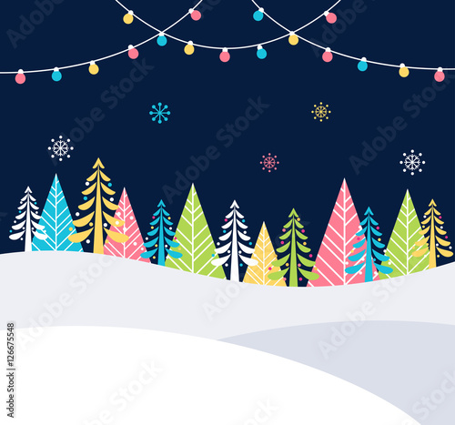 Christmas and Winter Holidays Events Festive Background with Snow, Trees and Christmas Lights. Vector Poster Template