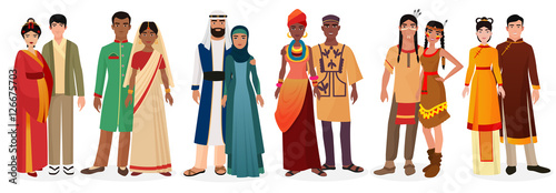 People in national traditional dress clothes. International couples. Native america, japan, china, muslim arabian, india, africa people together set.