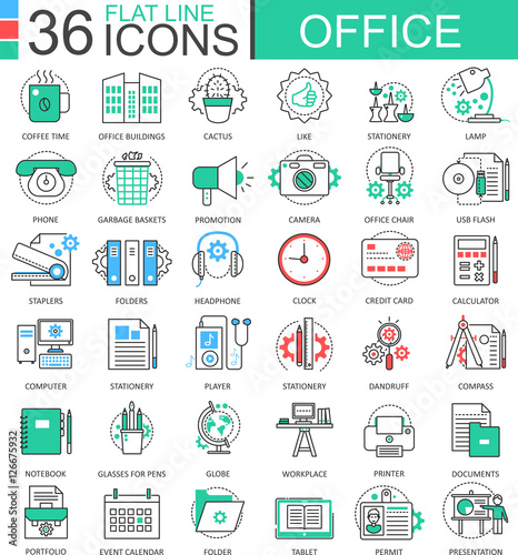 Vector Office modern color flat line outline icons for apps and web design.