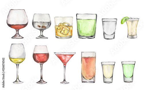 Watercolor alcohol set. Many glasses on white background. Wine, liquor, champagne and beer.