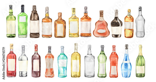 Watercolor alcohol set. Many bottles on white background. Wine, liquor, champagne and beer.