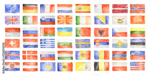 Watercolor world flags. All kinds of country symbols.