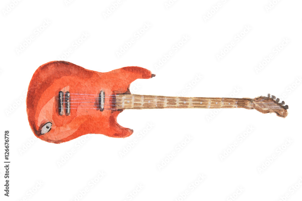 Naklejka premium Isolater watercolor guitar on white background. Red electric guitar.