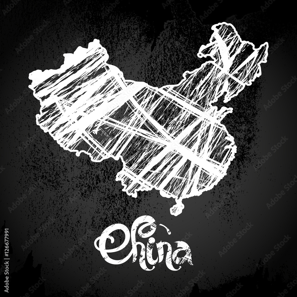 China lettering. Vector white map on black chalkboard