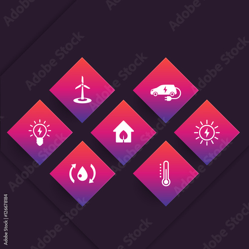 Green ecologic house icons, ecofriendly, energy saving technologies, pictograms on geometric shapes, vector illustration