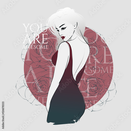 Beautiful young women with long blonde hair in a fashion evening dress. Hand drawn vector illustration