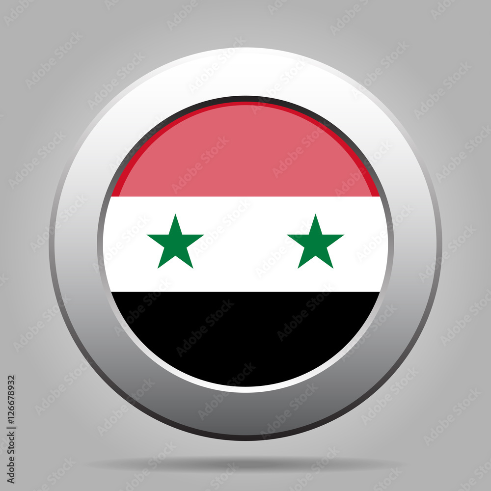Flag of Syria. Shiny metal gray round button. Flag of Syria. Shiny metal gray round button.