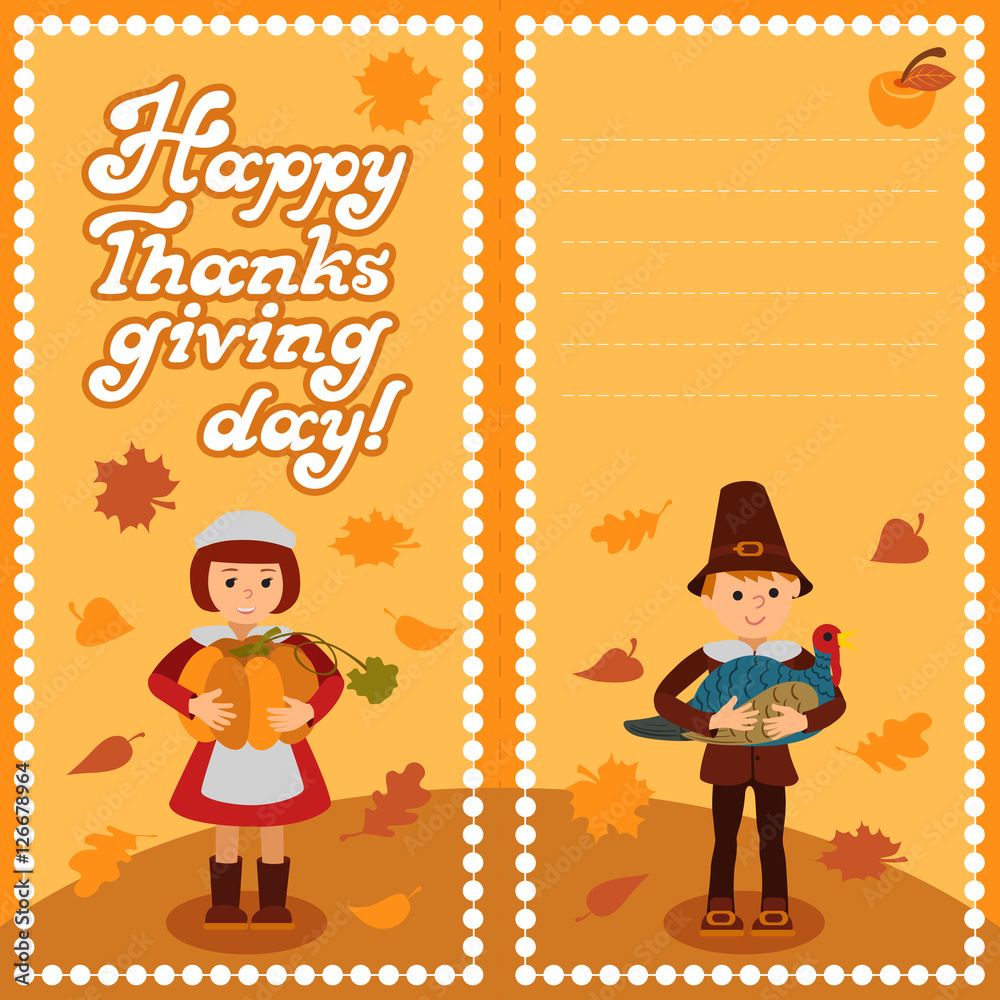 Fototapeta premium Thanksgiving day card with congratulations children pumpkin and turkey vector illustration. Boy girl in traditional clothes template for print place your text.