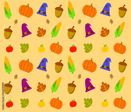 Thanksgiving Day. Light brown, illustration. Food and beverages, vegetables, fruit. © elena