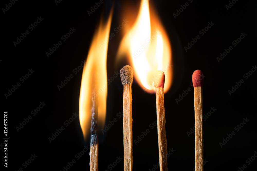 close-up of wooden match lighting up. Shot in studio close-up of wooden match lighting up. Shot in studio