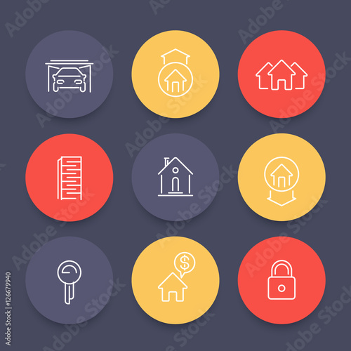 Real estate line icons set, mortgage, key, rent, loan, building, rental, house for sale, property