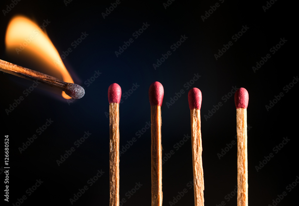close-up of wooden match lighting up. Shot in studio close-up of wooden match lighting up. Shot in studio