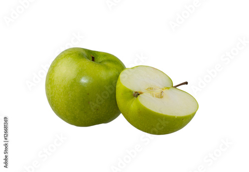 Green apple and a half close-up view on white background, isolated