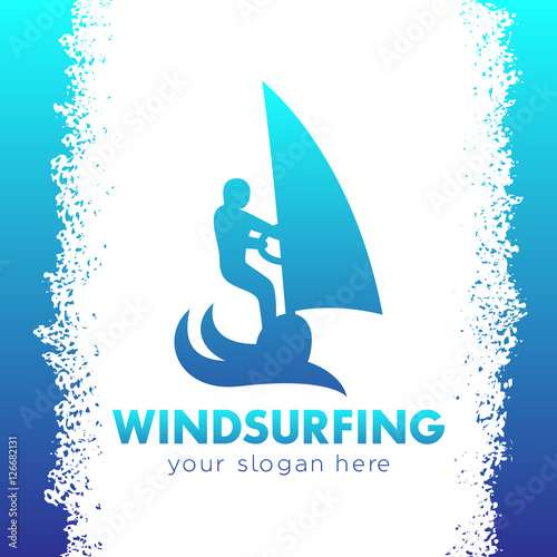 Windsurfing logo, man on surfboard with sail, windsurfer icon