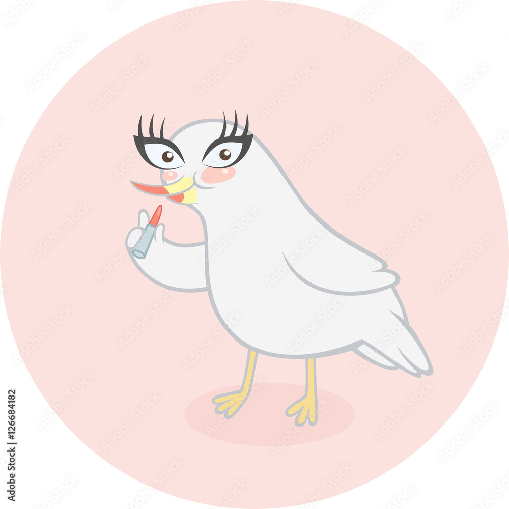 Fototapeta premium Cute cartoon bird preparing for the party and applying her makeup. Vector illustration