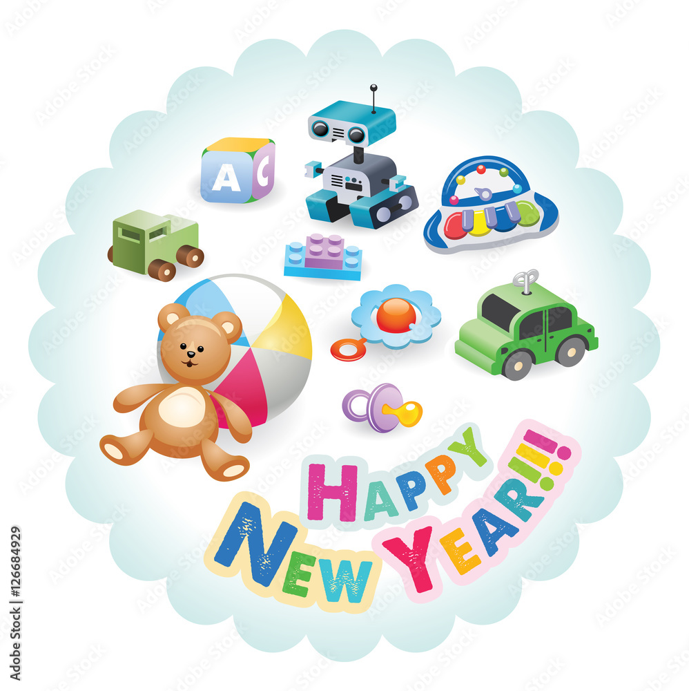 Happy New Year greeting card. A variety of children's toys. Set of different toys for children. Vector illustration.