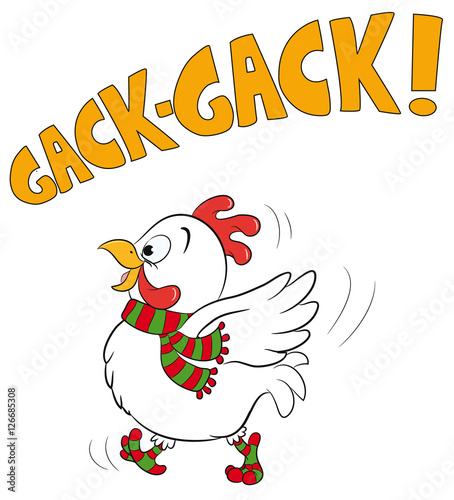 Rennendes Huhn in Winterkleidung