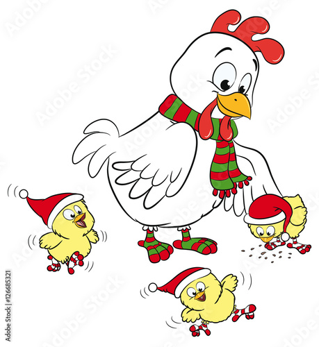 Niedliches Huhn mit Küken in Winterkleidung