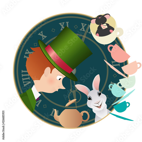 Alice in Wonderland. Mad tea party. Hatter, Dormouse, White Rabbit. photo