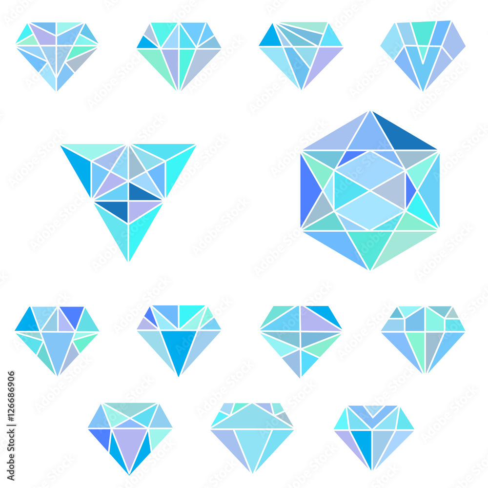 The set of linear geometric shapes. Hexagons, triangles, crystals, design elements.Fashion icon ,logo, logos. Vector illustration of triangle mosaic background in blue and lilac tones The set of linear geometric shapes. Hexagons, triangles, crystals, design elements.Fashion icon ,logo, logos. Vector illustration of triangle mosaic background in blue and lilac tones