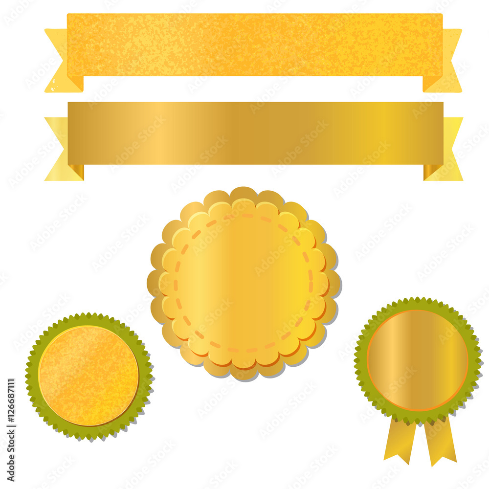 Ribbons and labels for design with textured gold foil, vector illustration Ribbons and labels for design with textured gold foil, vector illustration