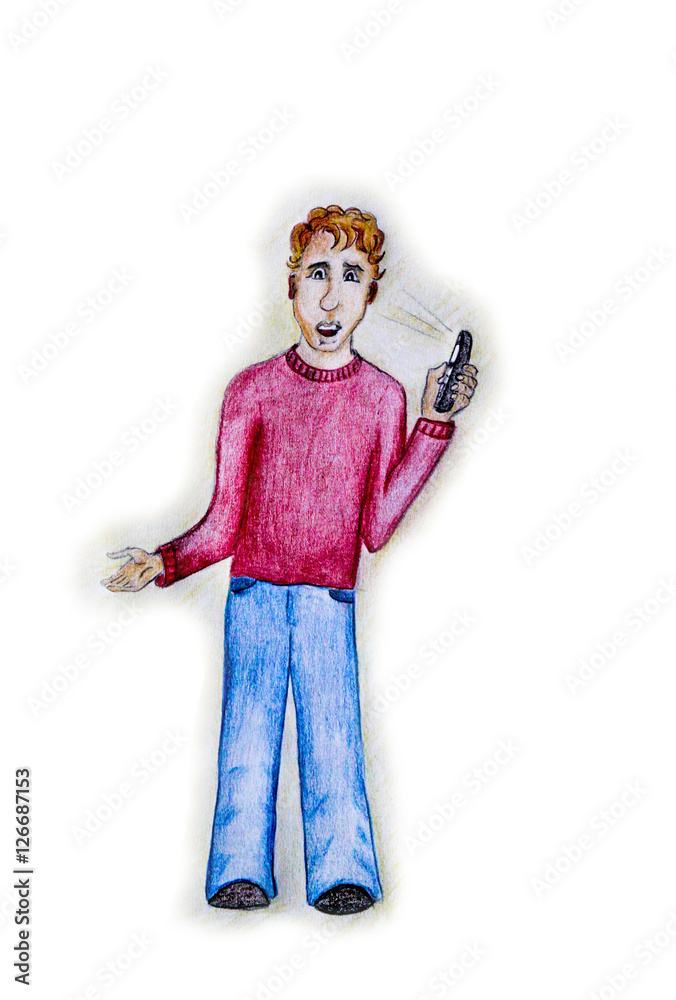 Telefonterror, Buntstift Zeichnung einer Person mit rotem Pulli und Jeans einem Stalker am Telefon, Stalking am Handy