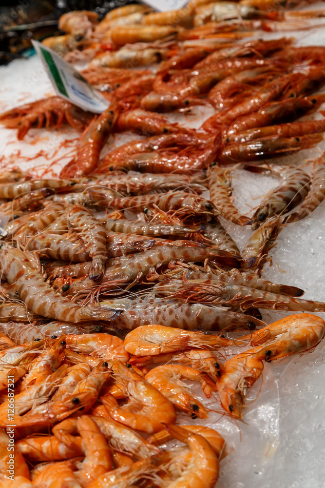 raw shrimps on la boqueria market in Barcelona, Catalonia, Spain.