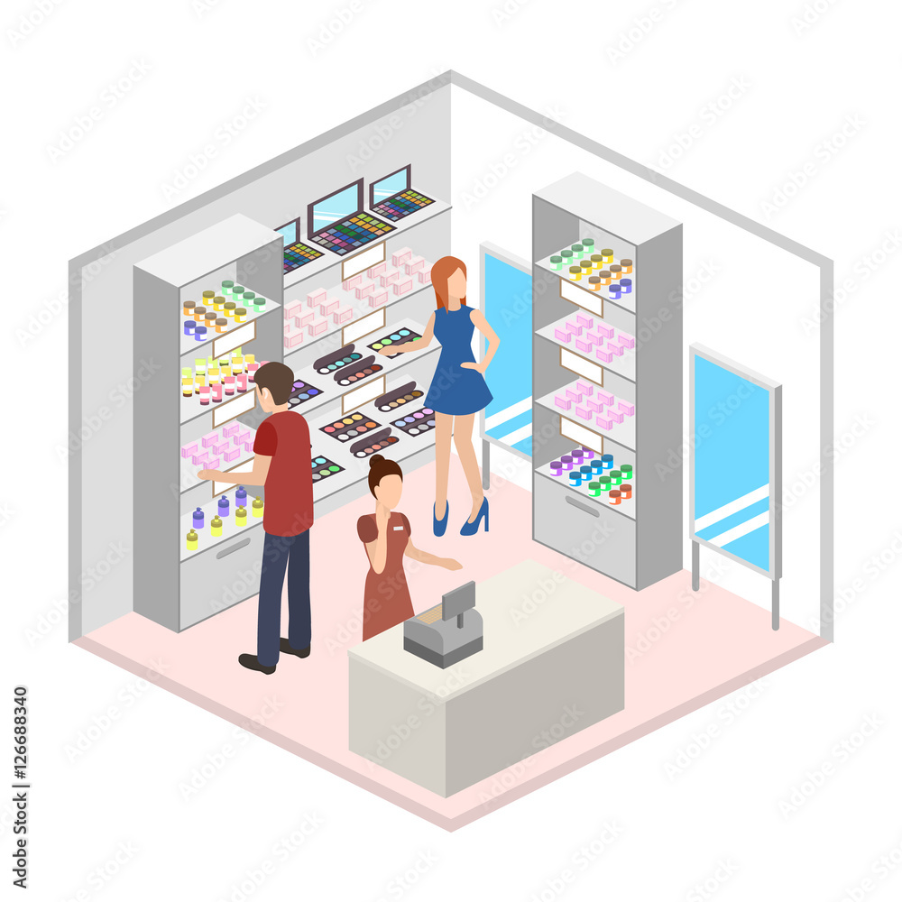 Isometric design interior of cosmetics shop with customers vector illustration Isometric design interior of cosmetics shop with customers vector illustration
