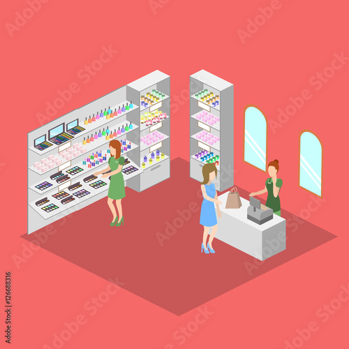 Isometric design interior of cosmetics shop with customers vector illustration