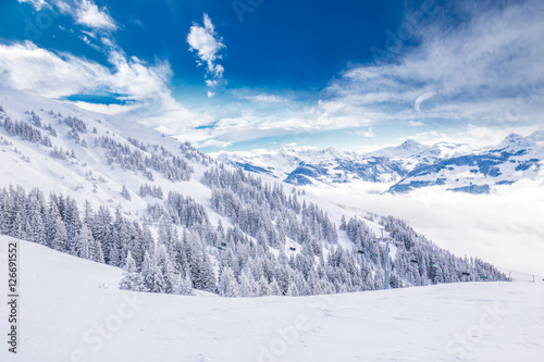 Trees covered by fresh snow in Tyrolian Alps from Kitzbühel ski resort, Austria photo