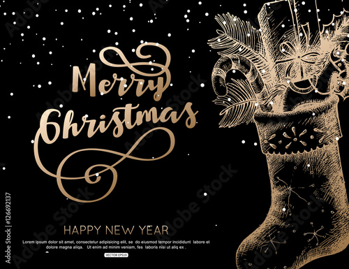 Merry Christmas greeting card with sock, vector illustration.
