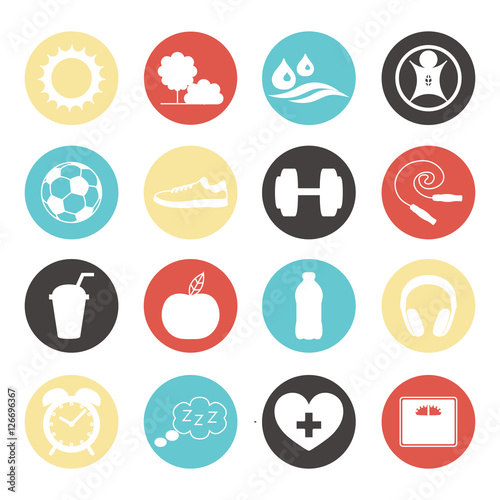 Healthy lifestyle concept with food and sport icons