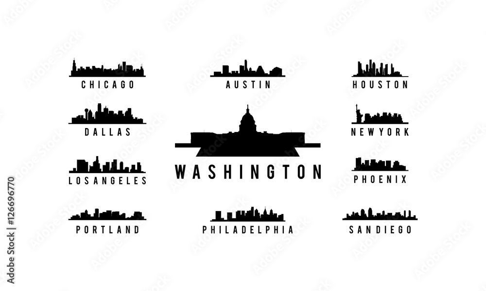 USA City skyline - vector Silhouette Washington, chicago, austion, houston, dallas, los angeles, portland, philadelphia, san diego, phoenix, newyork