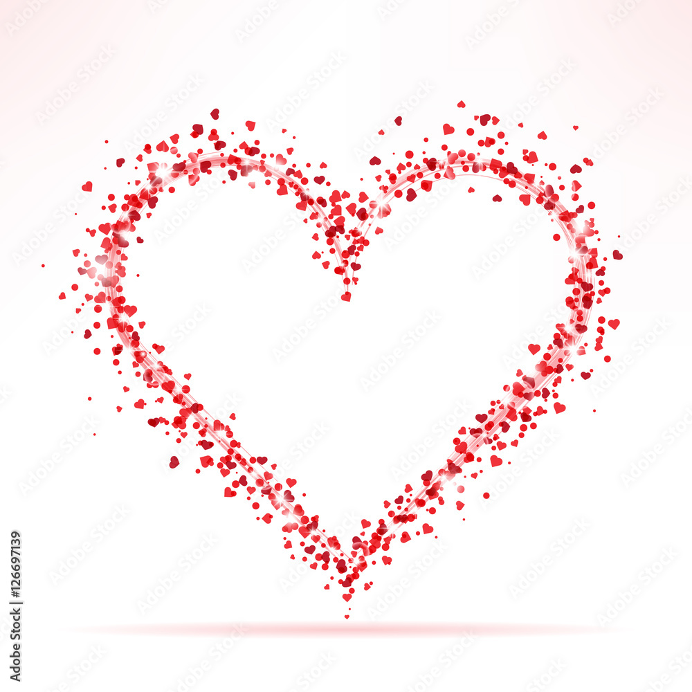 Romantic heart shaped frame with small red hearts and lights on white background. Vector illustration.