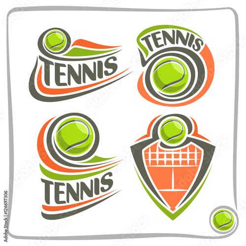 Vector abstract logo lawn Tennis Ball, decoration sign sports club, simple green ball flying on ground court with net, set isolated sporting equipment icon, flat design concept tennis school blazon.