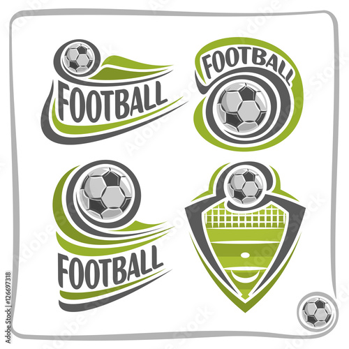 Vector abstract logo Football Ball, decoration sign sports club, simple soccer ball flying on green field with net, set isolated sporting equipment icon, flat design concept football school blazon.